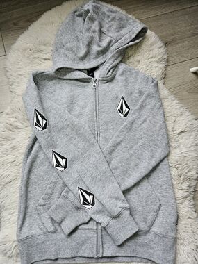 Volcom Boys Zip Hoodie Grey Logo Skate Streetwear Size 8Y